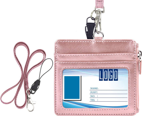 Wisdompro Badge Holder with Zip, 2-Sided PU Leather ID Holder with 1 ID Window, 4 Card Slots, Zipper Pocket, 20 Inch