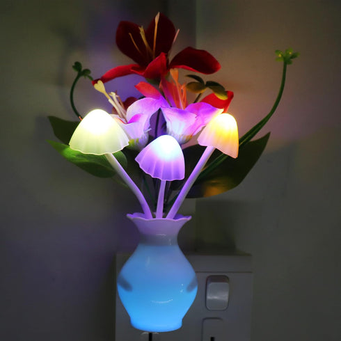 2 AUSAYE PCS Plug-in Night Light with Auto Light Sensor,RGB LED Mushroom Night Light Wall Red Lily Flower Lamp Energy