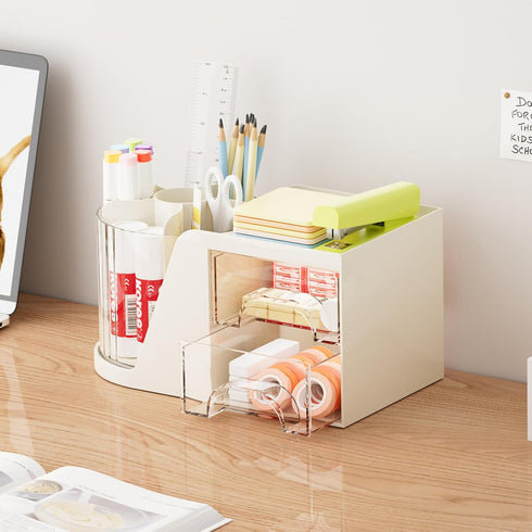 Marbrasse Desk Organizer with 2 Drawer, 360°Rotating Pen Holder for Desk, Desk Organizers and Accessories with 6 Slots Pencil Organizer + 2 Drawer, Art Supply Storage Box Caddy for Office (Beige) by Marbrasse