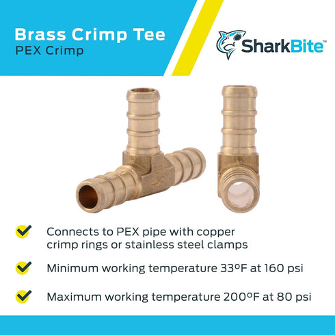 SharkBite 3/8 Inch Crimp Tee, Brass Plumbing Fitting for PEX Pipe, PE-RT, UC360LFA