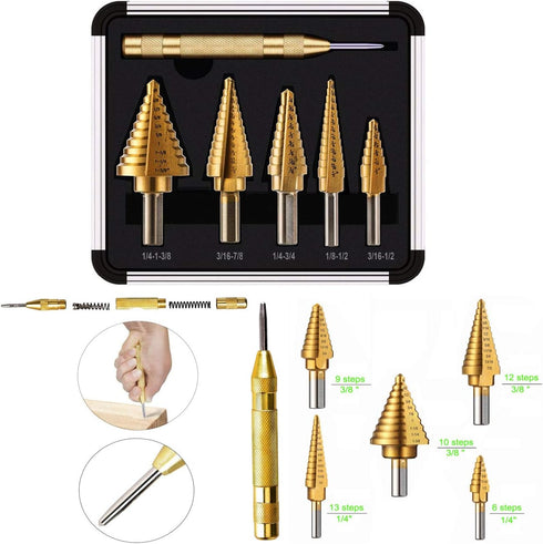 Knoweasy Step Drill Kit, 5PCS HSS Titanium Step Drill with Automatic Center Punch for Multiple Hole Drilling