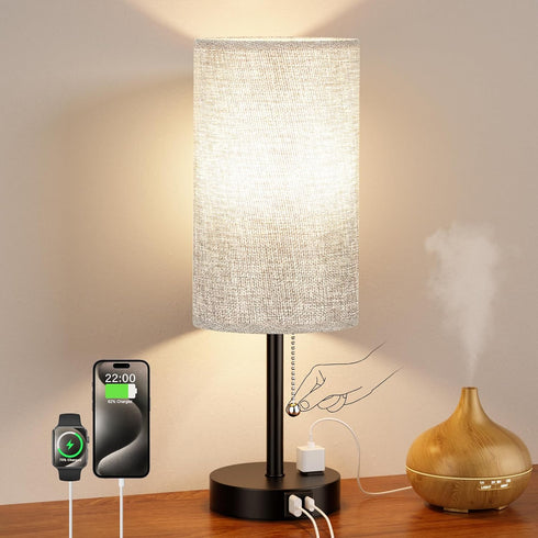 17.4Inches Grey Bedside Lamp for Bedroom Nightstand - Tall Table Lamp with