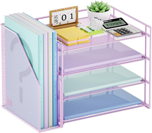 Marbrasse Desk Organizer and Accessories, 4-Tier Paper Letter Tray Organizer with File Holder for School Home Office