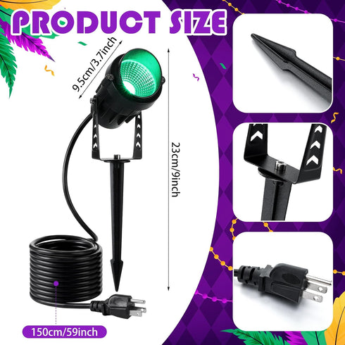 Grinsvalley 3 Pcs Mardi Gras Spotlight Outdoor Decorations Purple Green and Gold Spotlight Plug in Waterproof Spot
