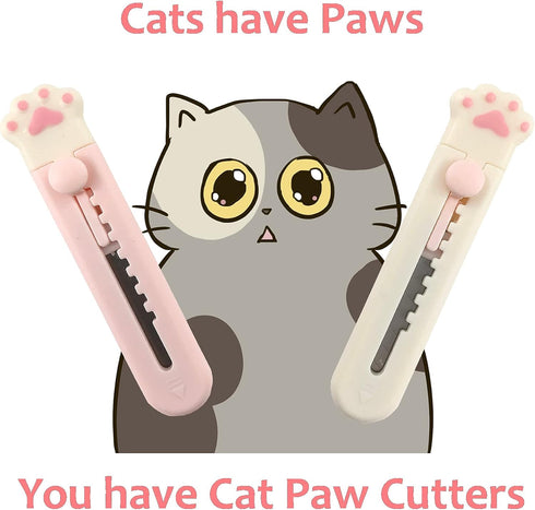 Kawaii Cat Paw Box Cutter, 2 pcs Mini Pocket Knife and Letter Opener for Cat Lovers, White Pink & White