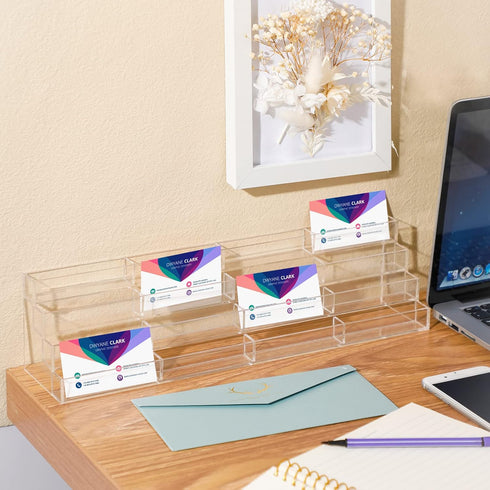 Hoteam Acrylic Business Card Holder: 16 Slot 4 Tier Large Business Card Organizer, Clear Plastic Stand for Home