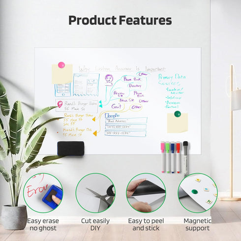 White Board Sticker Adhesive, Magnetic Dry Erase Board Sheet for Refrigerator, Flexible Planner with Markers