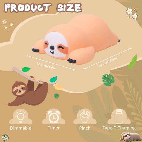 CoolGift Mart Sloth Gifts, Cute Animal Silicone Night Light with USB Rechargeable, Touch Control & Timer, Suitable