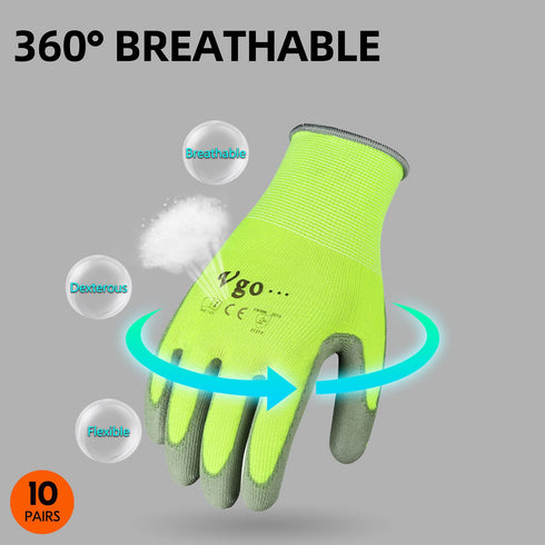Vgo... 10-Pairs Safety Work Gloves - Gardening Gloves, Polyurethane Coated, Latex Free (Size L, Yellow, PU2103)