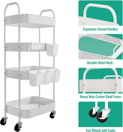 Ytmshisan 4-Tier Metal Rolling Cart with Wheels, Storage Utility Organizer Cart for Kitchen, Bathroom, Office, Baby