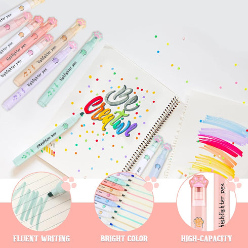 Harloon 12 Pcs Cat Paw Cute Highlighters, Kawaii Soft Chisel Tip Pastel Marker Pens for School Supplies