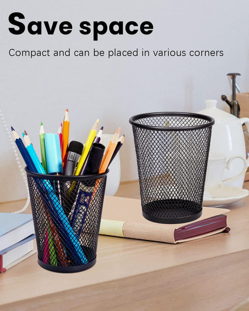 QYH Mesh Pencil Holder, Metal Pen Cup, Black, 6 Packs for Desk