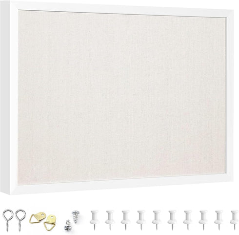OWLKELA 13.3"x17.7" Bulletin Board with Linen, White Wood Style Frame, 10 Pushpins for School Home Office