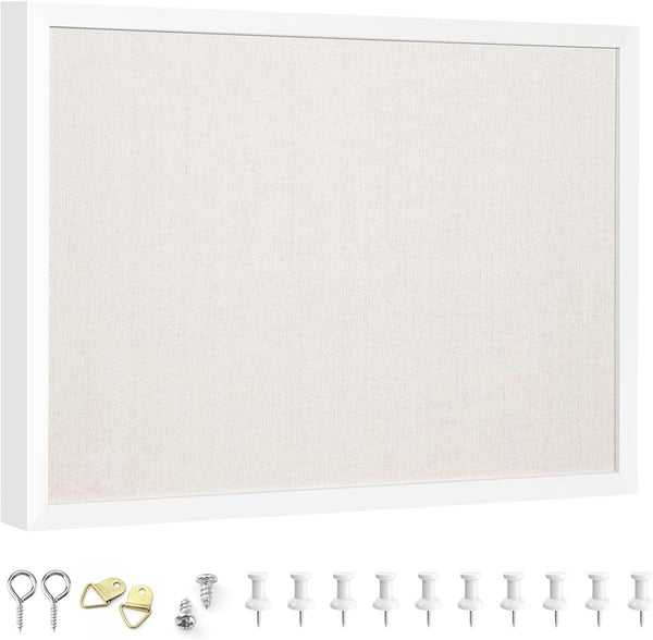 OWLKELA 13.3"x17.7" Bulletin Board with Linen, White Wood Style Frame, 10 Pushpins for School Home Office