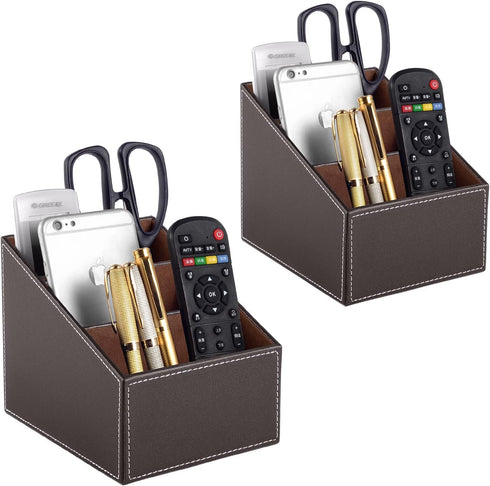 TV Remote Control Holder with 3 Compartments, Storage Box, Media Accessory Storage, Desk Organizers (Brown, 2 pieces)