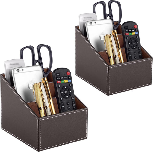 TV Remote Control Holder with 3 Compartments, Storage Box, Media Accessory Storage, Desk Organizers (Brown, 2 pieces)