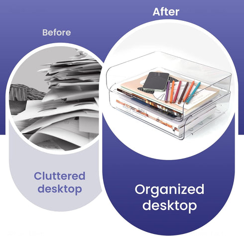 Tomorotec Desk Letter Tray Set, A4 Size Clear PET Stackable Document Organizer, Side Load Anti-Skid Support (2X