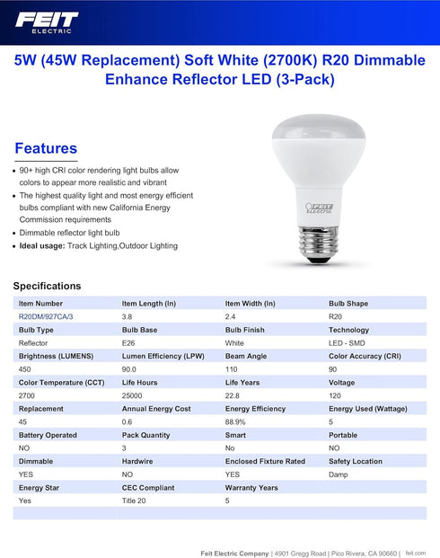 Feit Electric R20 LED Light Bulb, 45W Equivalent, Dimmable, 2700K Soft White, 450 Lumens, 3 Pack
