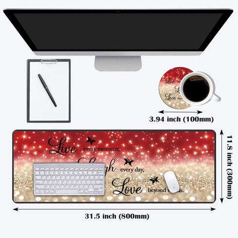 Desk Pad Gaming Mouse Pad with Coasters, 31.5"x 11.8" Large Non-Slip Rubber Base Mousepad, Red Glitter Quote
