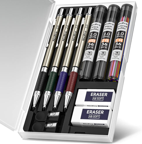 Nicpro 4 PCS Premium 2.0 mm Mechanical Pencils Set, 108 Colored & Black Lead Refills, Art Metal Carpenter Pencil