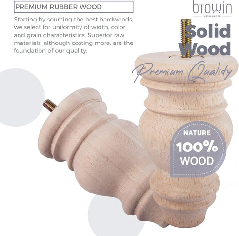 Btowin 5 inch 4Pcs 5/16'' Unfinished Wooden Bun Feet, Solid Wood Furniture Legs with Threaded Hanger Bolts & Mounting