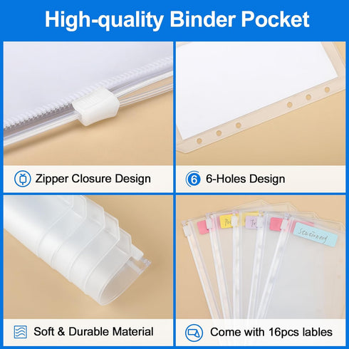 KTRIO 16PCS A6 Binder Pockets, Clear Zipper Pouch Folders, 6 Holes Cash Envelopes for Budgeting, Waterproof PVC Bags