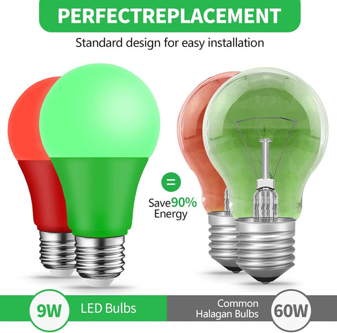 Red Light Bulb and Green Light Bulbs, 9W (6W Equivalent), E26 Base for Halloween Christmas Party Decor