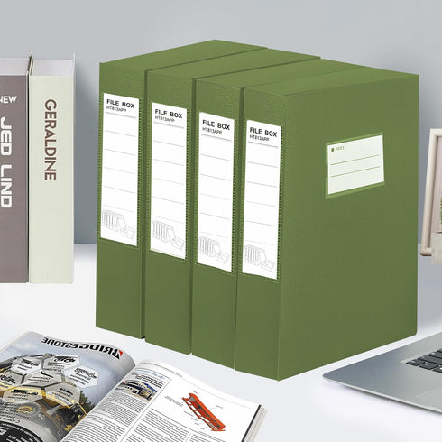 HUA JIE 2 Pack A4 Storage File Boxes, 65mm Spine Document Storage Box with Metal Clip for Office School, Green