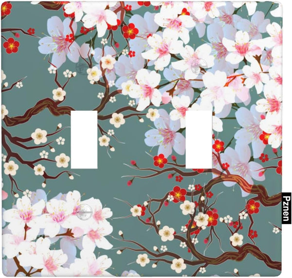 Farmhouse Spring Floral Double Switch Plate Covers, 2-Gang Cherry Blossoms and Plum Red Floral Light Switch Cover