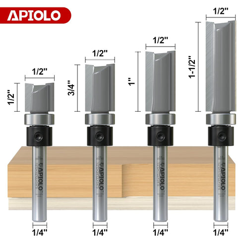 4 Set 1/4 Inch 1/2", 3/4", 1", 1-1/2"Cutting 1/2" Professional PCS Pattern Flush Trim Router Bit Shank, Top Bearing