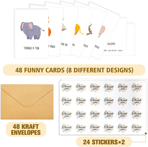 Biturat 48 Set, Pack, 4 6 Thank You Cards Animal Pun Thank You Note Cards Funny Thank You Cards Bulk, Boxed Assortment