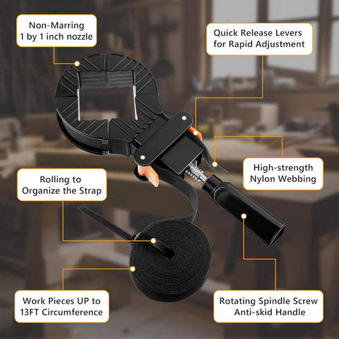 Feekoon Strap Clamps for Woodworking, Quick Release Band Clamps with 4 Corner Claws for Adjustable Picture Frame Clamp