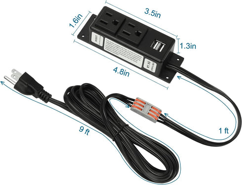 Litever 2 10 3-Prong Closet, Gun Safe Power Outlet Strip with USB Ports. FT Flat AC Cable with Removable Plugs. Outlet