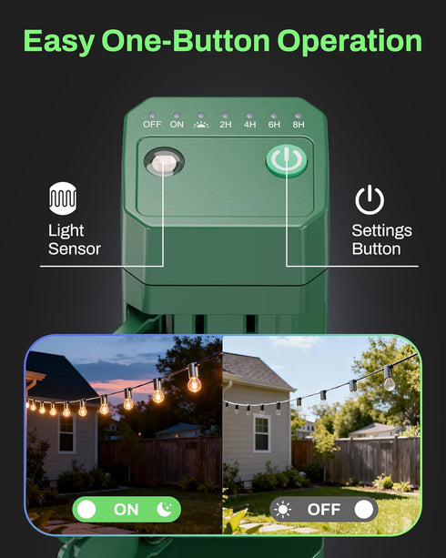 BN-LINK 100FT 6 6ft 1875W/15A,Christmas Outdoor Power Stake Timer, Wireless Remote Control, Dusk to Dawn Sensor