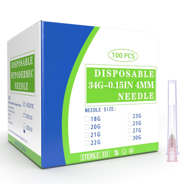 100 Pack 34 Ga 4mm Disposable Needles with Caps for Scientific and