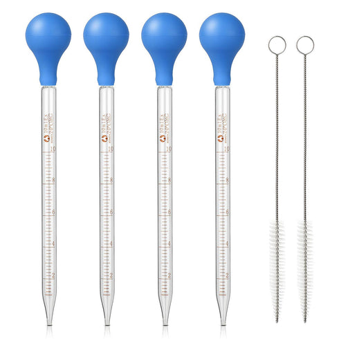 4Pcs 10ml Glass Graduated Dropper Pipette for Liquid Essential Oil with Rubber Cap and 2Pcs Cleaning Brush