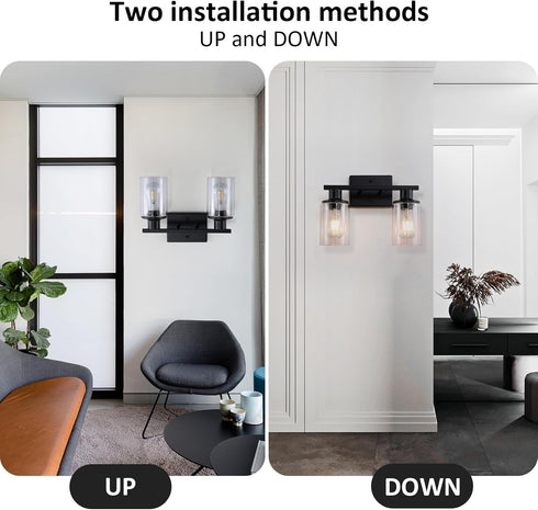 Litaddscen 2-Light Matte Black Bathroom Vanity Light,Bathroom Light Fixtures Over Mirror with Clear Glass Shade,Modern