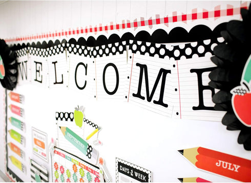 Schoolgirl Style Black, White and Stylish Welcome Bulletin Board Set, Inspirational Pennants, Colorful Tassels, Apple