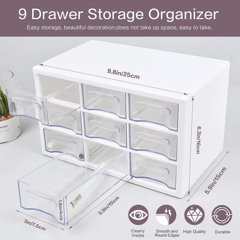 Desk Storage Organizer with 9 Drawers, MYKASEN Clear Plastic Storage Cabinet, Stackable Box for Makeup, Office Supplies