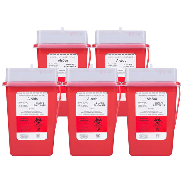 Alcedo 1 Quart Sharps Container for Home Use and Professional (5-Pack), Biohazard Needle and Syringe Disposal, Portable