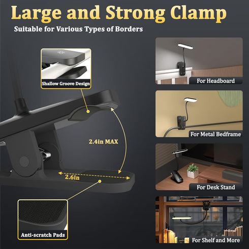 Clip on Desk Lamp, Battery Powered Reading Light with Strong Clamp - 5 Colors 5 Brightness, USB Rechargeable Portable Cordless Book Lamp for Bed Headboard Table Bedside Home Office (Black) by HECDSTLY