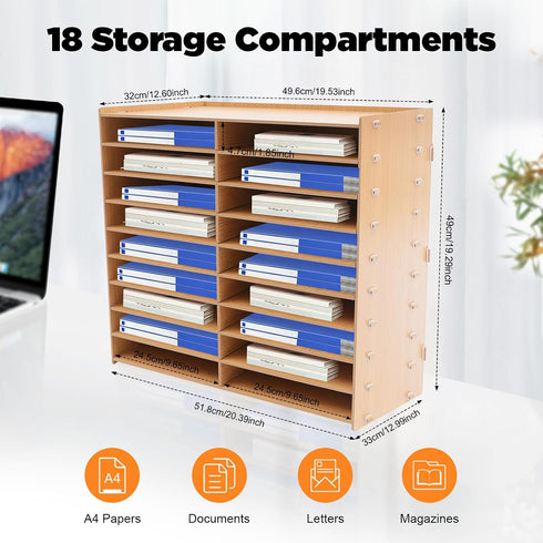 SHIOUCY 18 Mailbox Slots Desktop Paper Mail Sorter Wood Office File Literature Organizer on Desk Floor, Paper Storage