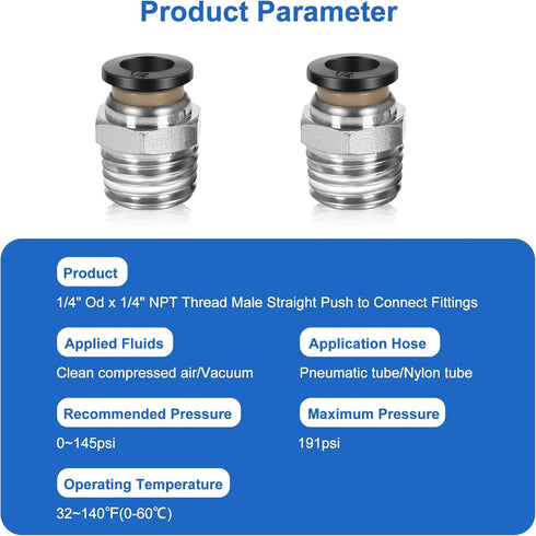 10 Pcs Push to Connect Fittings, 1/4 Inch Tube OD x 1/4 Inch NPT Thread, Pneumatic Male Straight Quick Connect