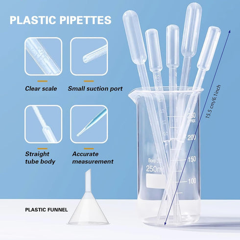 4PCS Plastic Graduated Cylinders Set, 10ml 25ml 50ml 100ml with 4PCS Pipettes, Funnel and Brush