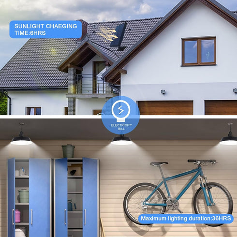 360 Dimmable 16.4ft IP65 Solar Pendant Lights Outdoor, Solar Shed Light with Adjustable Panel, Lighting with Remote