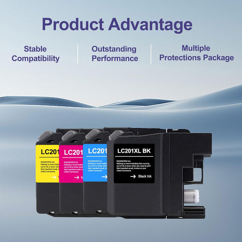 LC201XL Ink Cartridges (4-Pack: 1BK/1C/1M/1Y) Compatible for Brother MFC-J485DW, MFC-J460DW Printers
