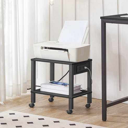 HOOBRO 2-Tier Printer Stand with Charging Station, Under Desk Printer Table, Printer Cart with Storage Shelves, Black