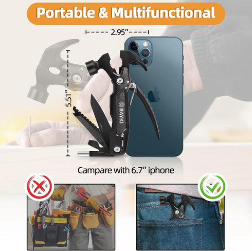 Father's Day Gifts - Hammer Multitool 15 in 1 for Men, Dad, Husband, Boyfriend - Camping Accessories Survival Gear with