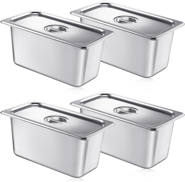 Mifoci 4 Pack Stainless Steam Hotel Pan with Lid, Reusable Anti Rust for Home & Restaurant
