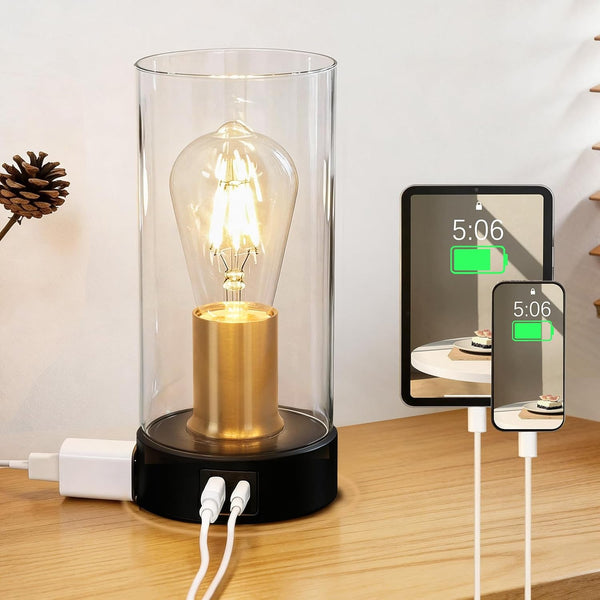 Industrial Bedside Table lamp for Bedroom -Touch Lamp with USB-A+C Charging Ports